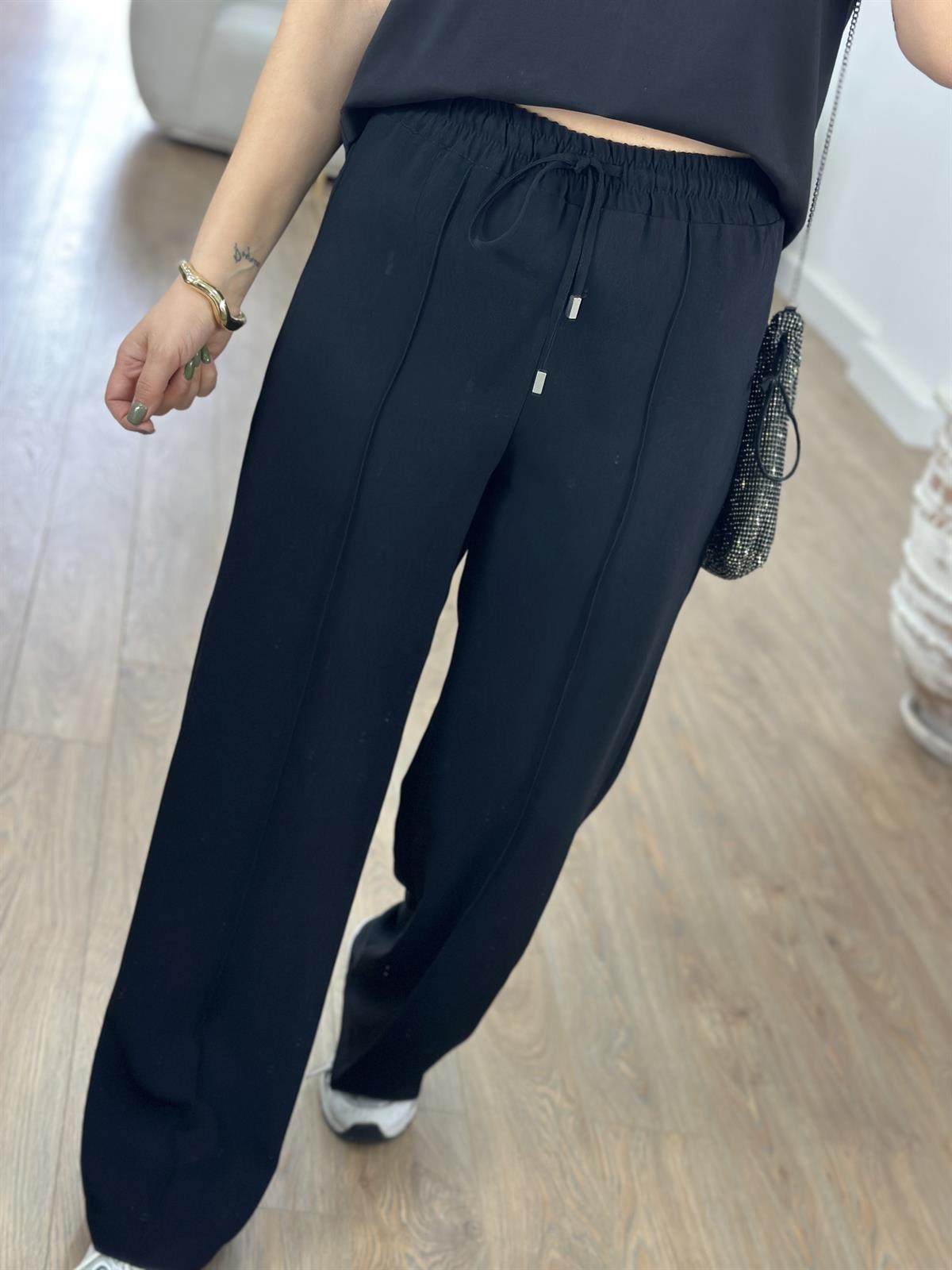 Beli Lastikli Önden Dikiş Detaylı Palazzo Pantolon-Siyah