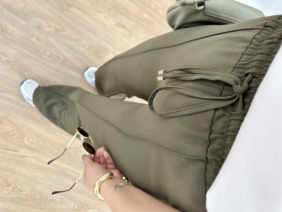 Beli Lastikli Önden Dikiş Detaylı Palazzo Pantolon-Haki