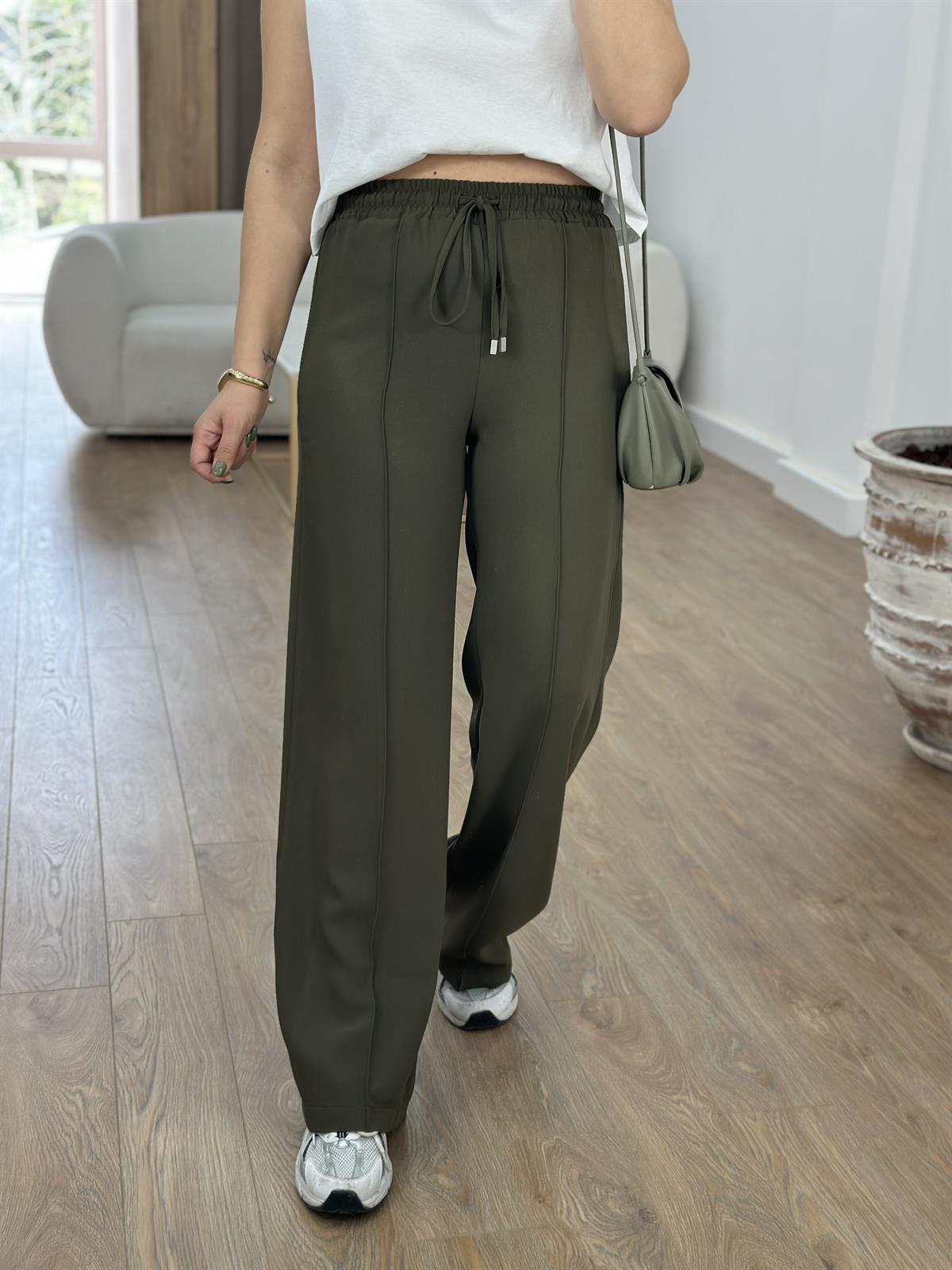 Beli Lastikli Önden Dikiş Detaylı Palazzo Pantolon-Haki