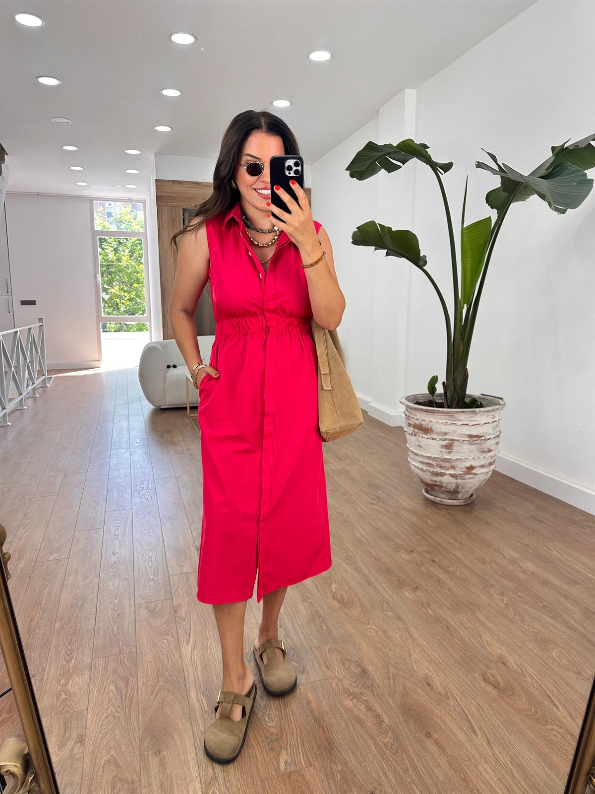 Beli Lastikli Önden Düğmeli Poplin Elbise-Fuşya