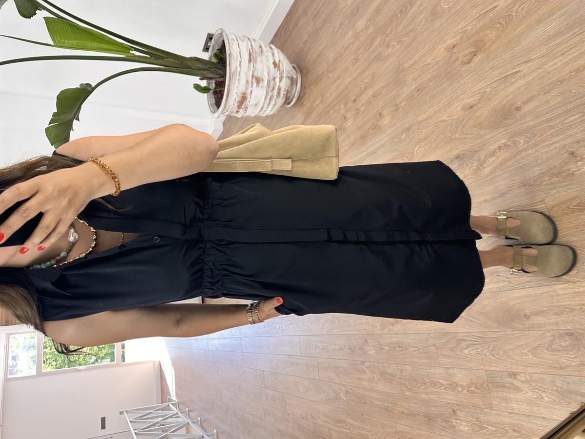 Beli Lastikli Önden Düğmeli Poplin Elbise-Siyah