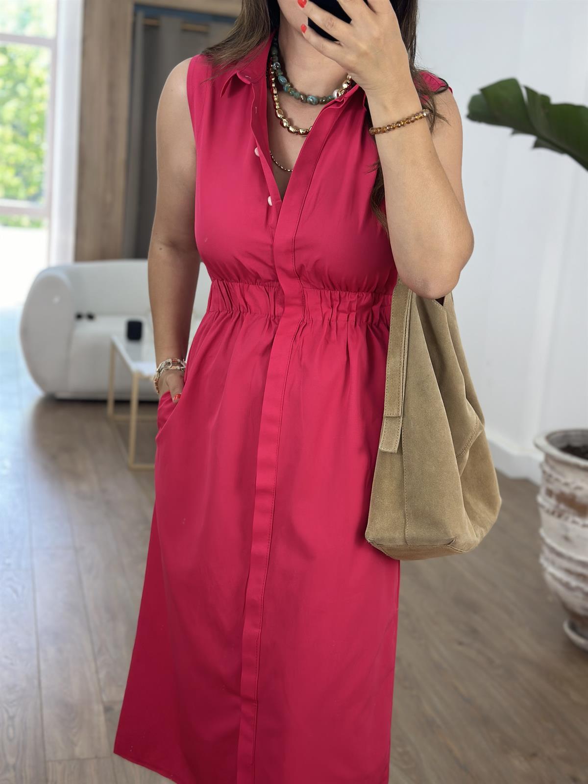 Beli Lastikli Önden Düğmeli Poplin Elbise-Fuşya