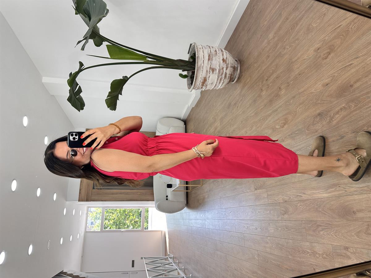 Beli Lastikli Önden Düğmeli Poplin Elbise-Fuşya