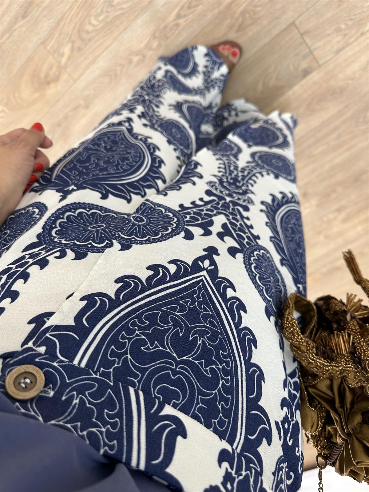 Beli Lastikli, Önü Kapaklı Viskon Pantolon Mavi