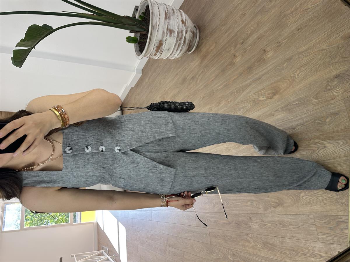 Beli Lastikli Palazzo Pantolonlu Yelekli Takım-Gri