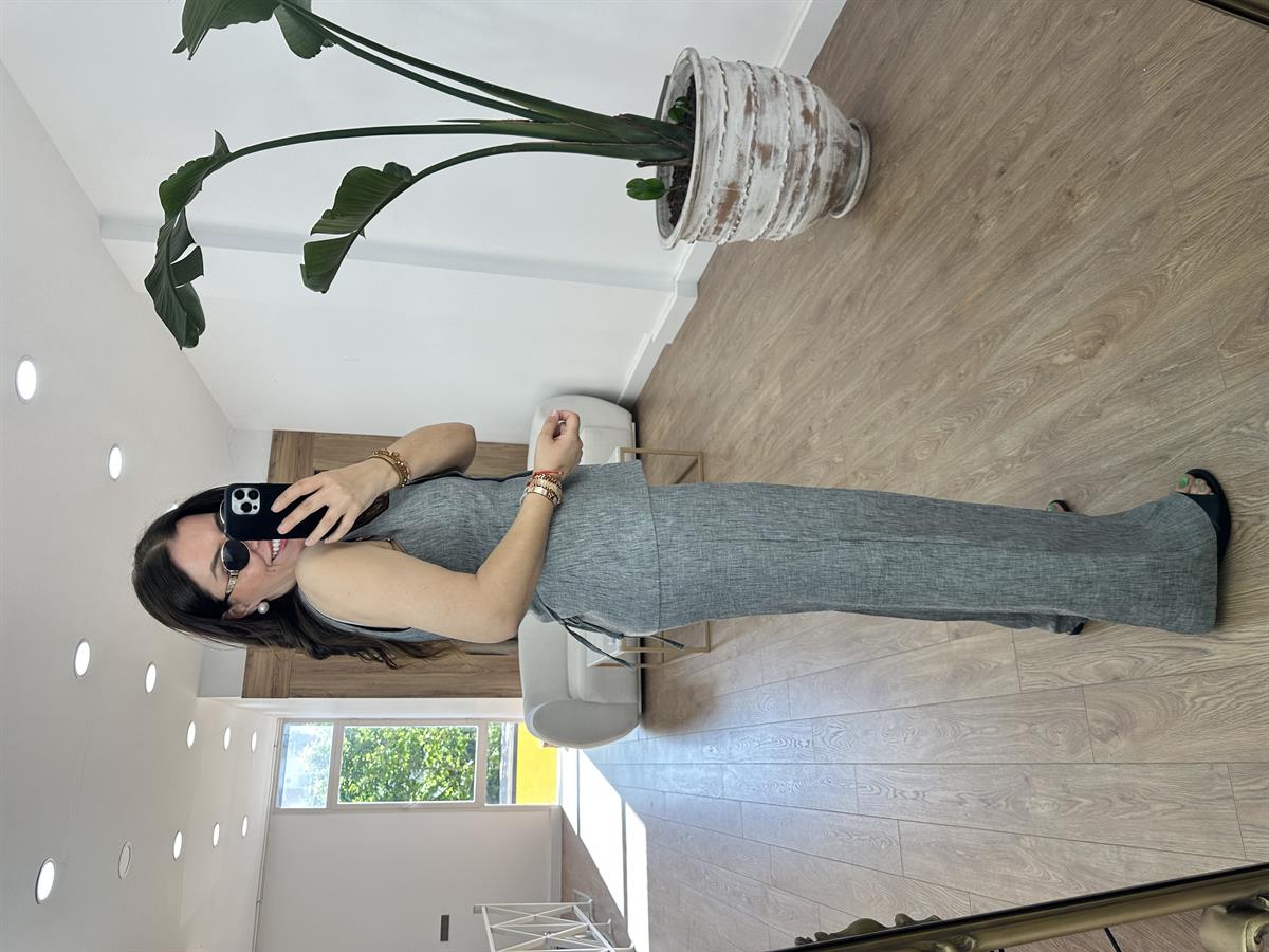 Beli Lastikli Palazzo Pantolonlu Yelekli Takım-Gri