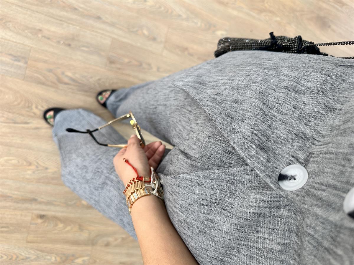 Beli Lastikli Palazzo Pantolonlu Yelekli Takım-Gri