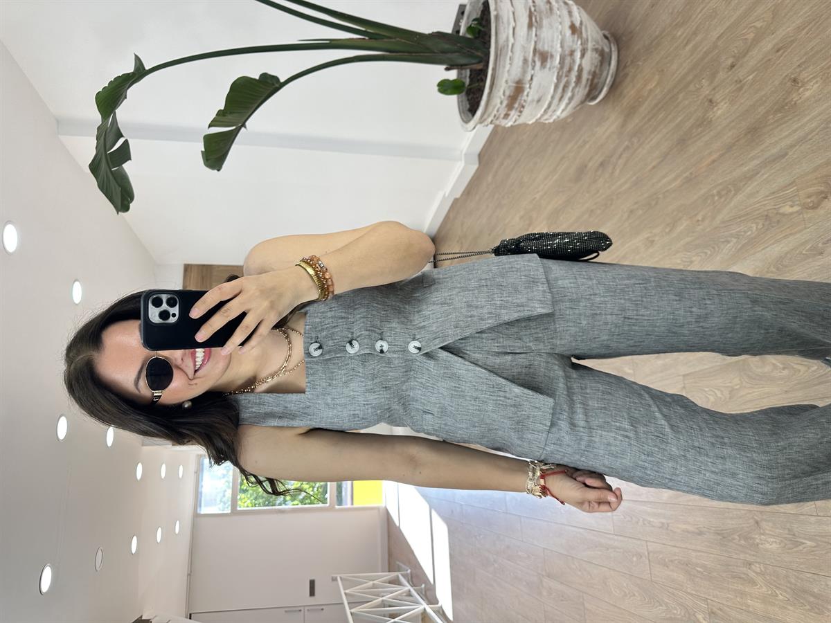 Beli Lastikli Palazzo Pantolonlu Yelekli Takım-Gri