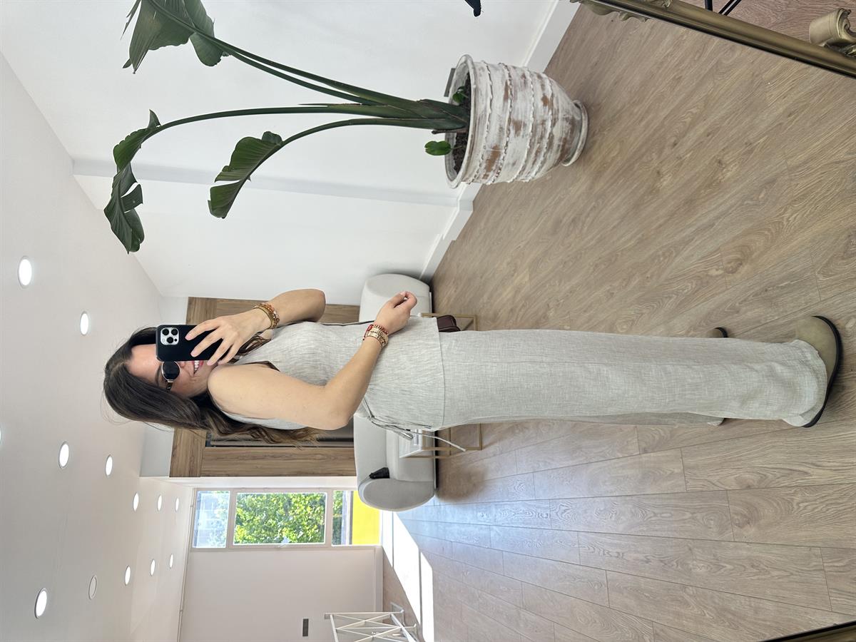 Beli Lastikli Palazzo Pantolonlu Yelekli Takım-Bej