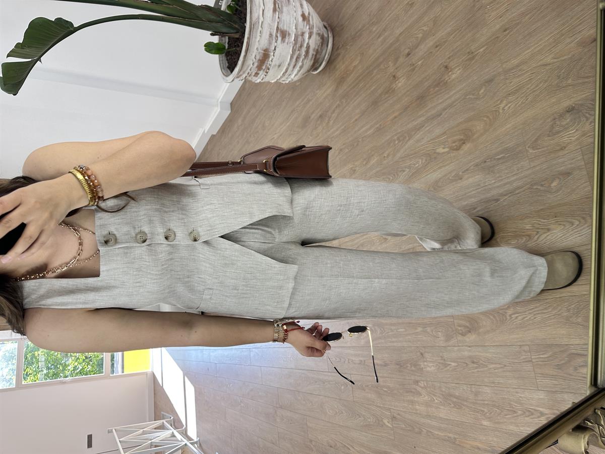 Beli Lastikli Palazzo Pantolonlu Yelekli Takım-Bej