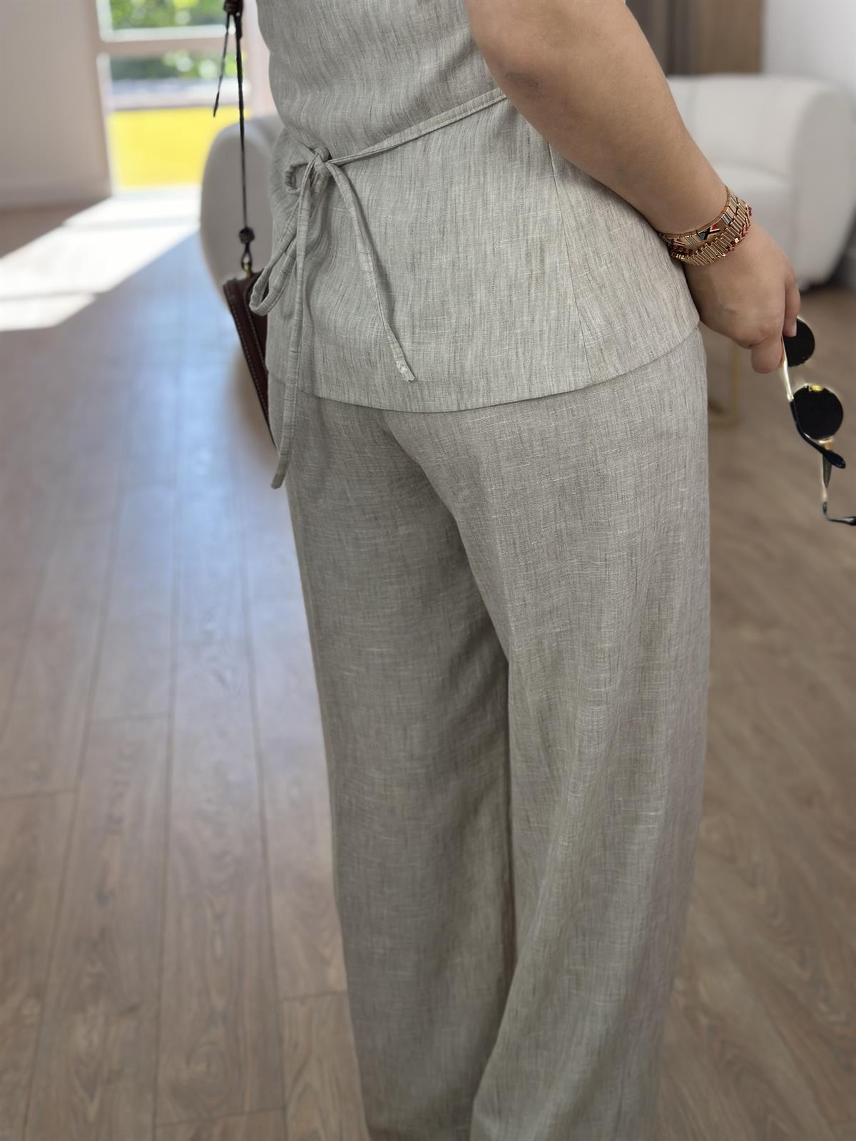 Beli Lastikli Palazzo Pantolonlu Yelekli Takım-Bej