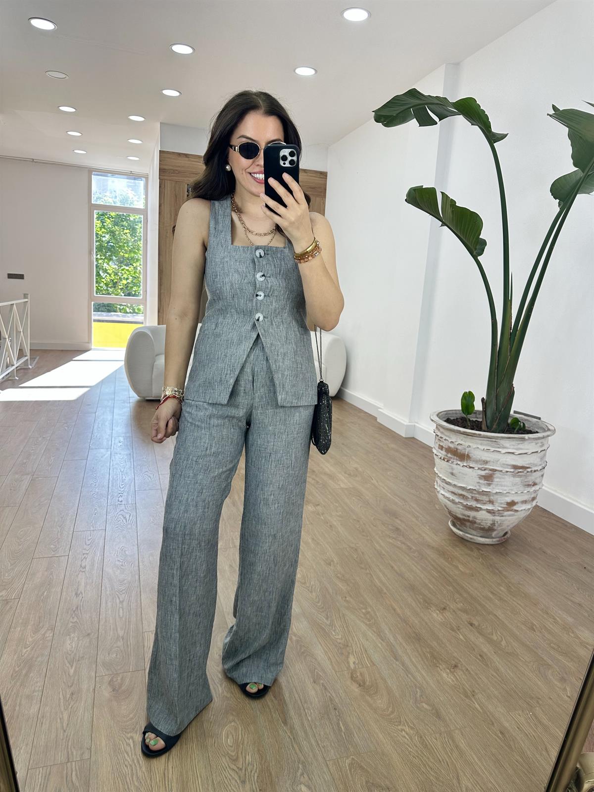 Beli Lastikli Palazzo Pantolonlu Yelekli Takım-Gri