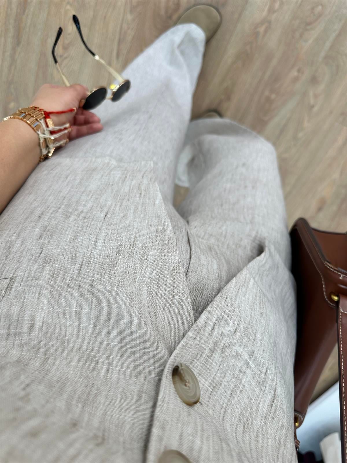 Beli Lastikli Palazzo Pantolonlu Yelekli Takım-Bej