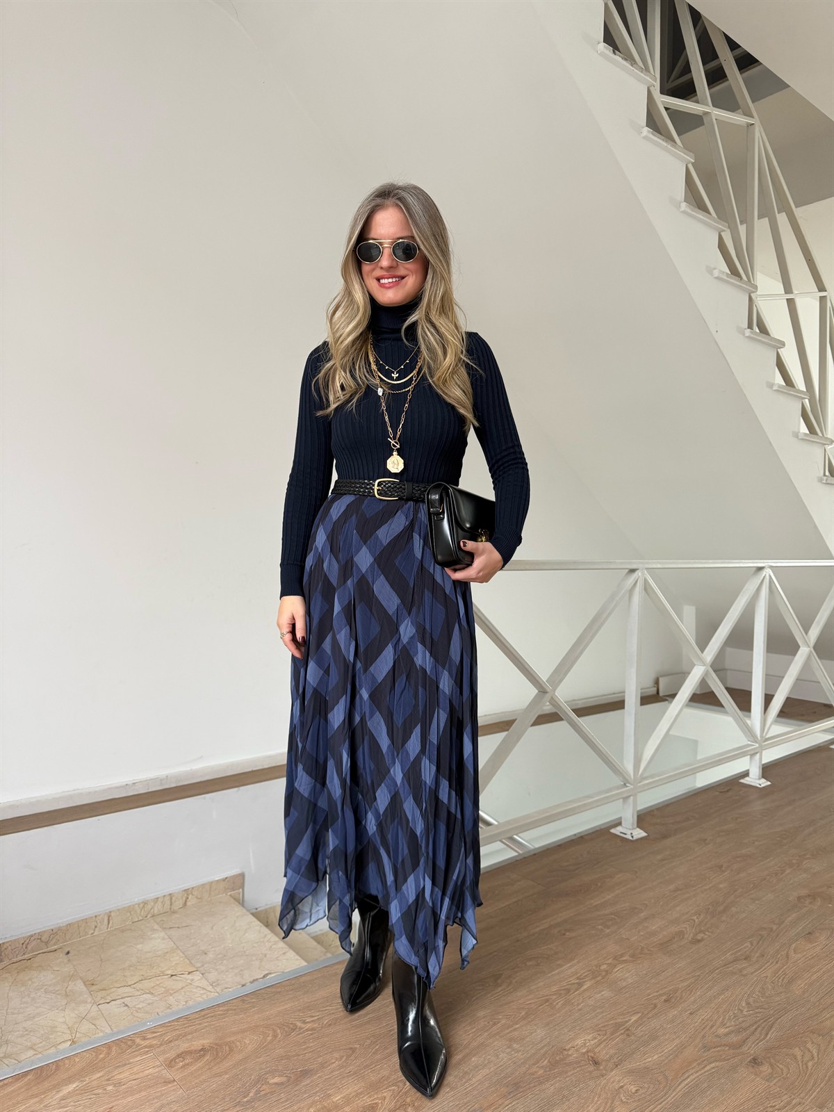 Beli Lastikli Parçalı Ekoseli Etek - Mavi