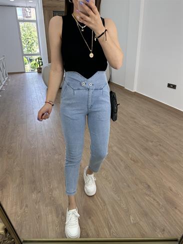 Beli Lastikli Power Likra Tasarım Jean-Mavi