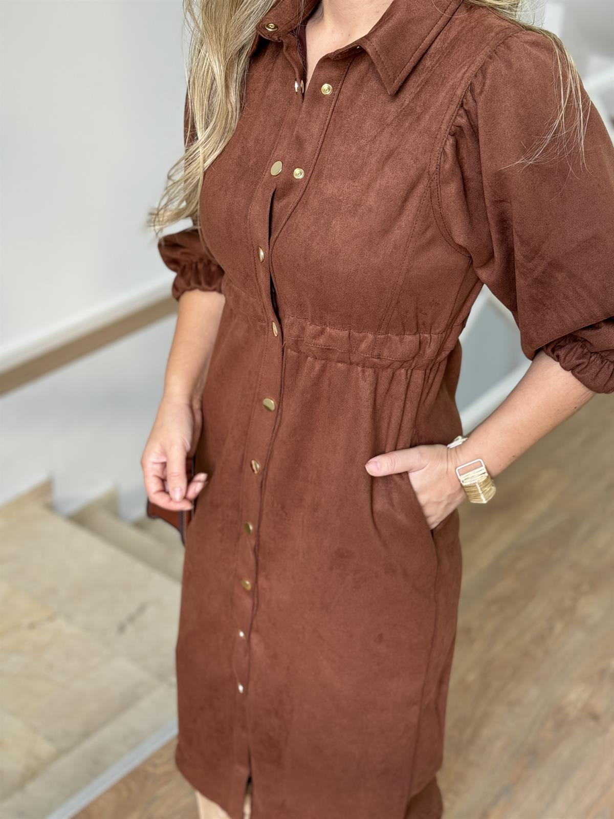Beli Lastikli Premium Süet Gömlek Elbise-Kahve
