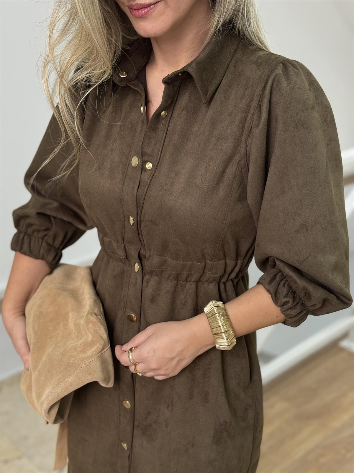 Beli Lastikli Premium Süet Gömlek Elbise-Haki