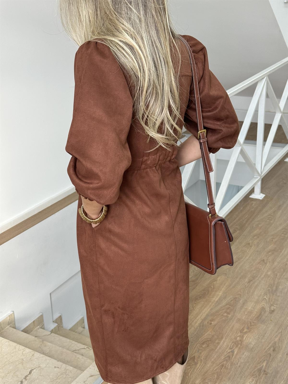 Beli Lastikli Premium Süet Gömlek Elbise-Kahve