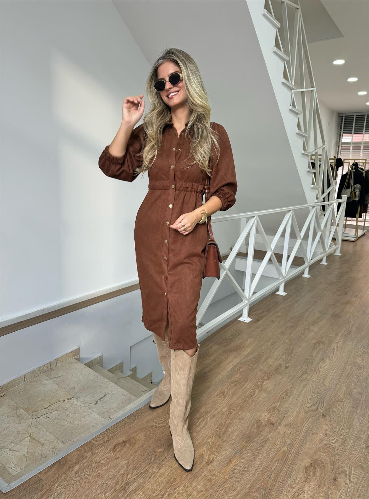 Beli Lastikli Premium Süet Gömlek Elbise-Kahve