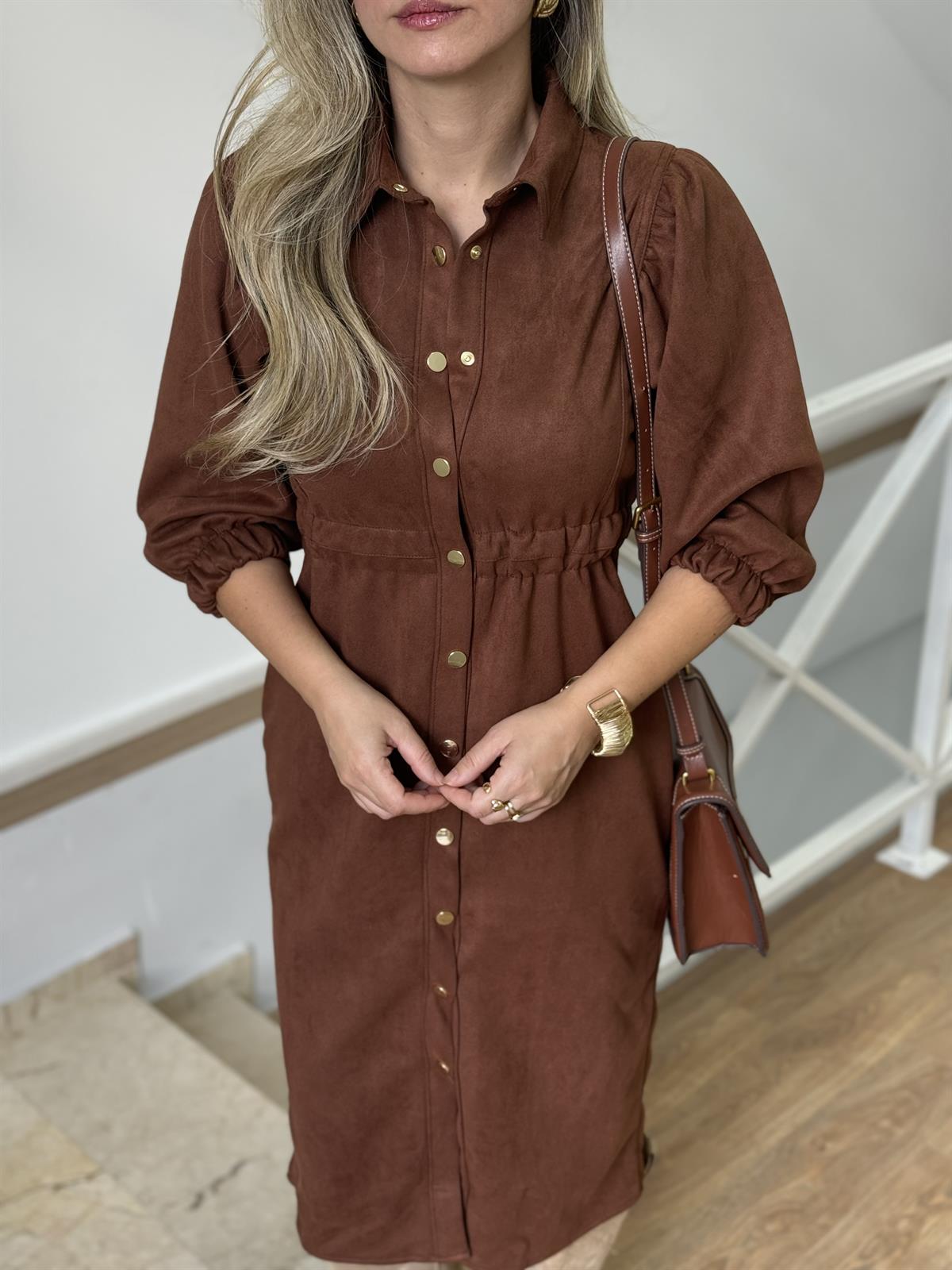 Beli Lastikli Premium Süet Gömlek Elbise-Kahve