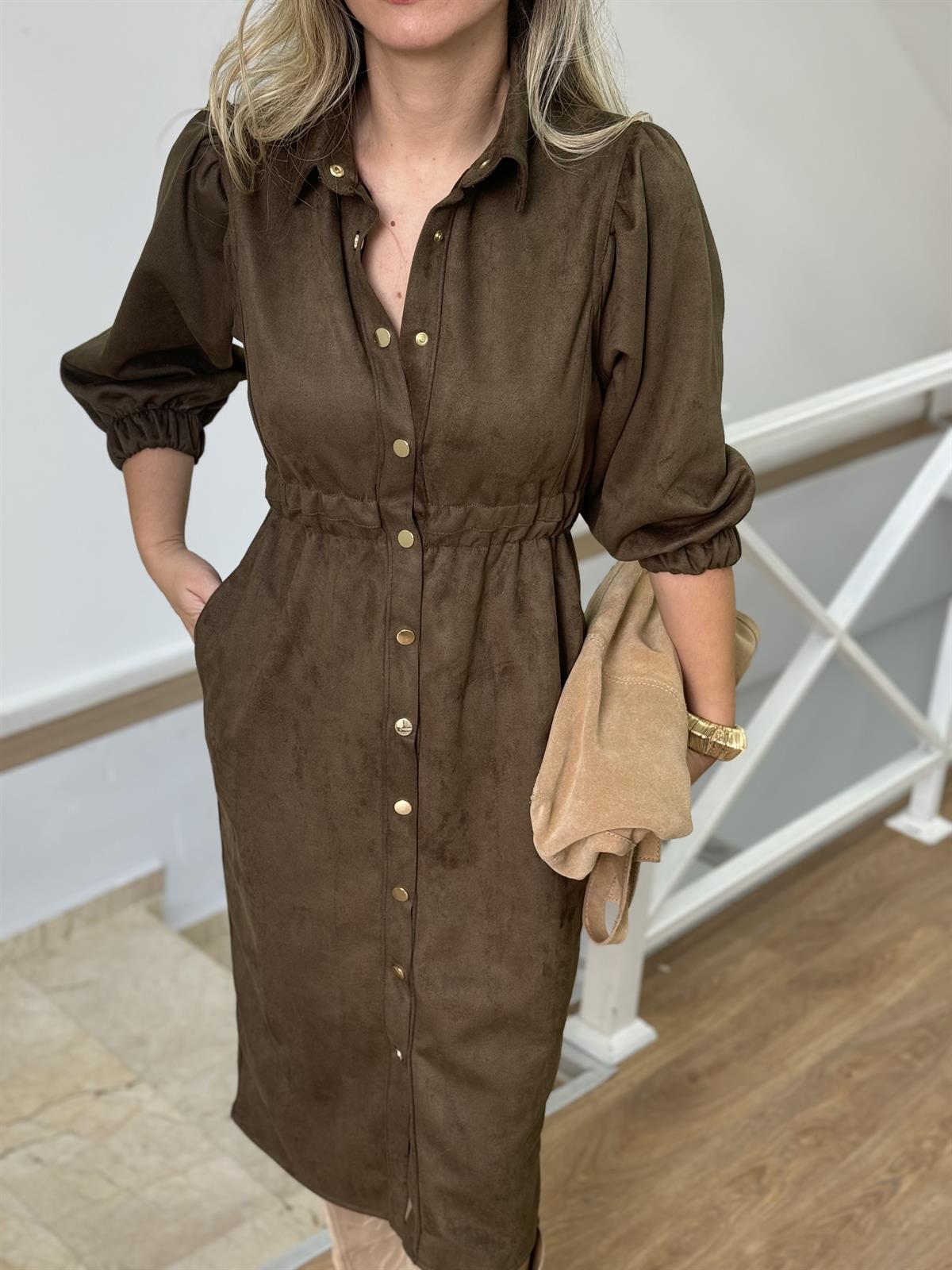 Beli Lastikli Premium Süet Gömlek Elbise-Haki