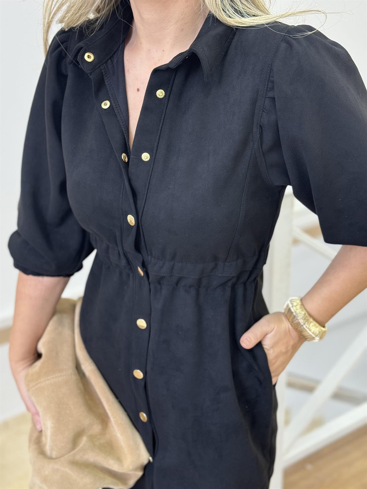 Beli Lastikli Premium Süet Gömlek Elbise - Siyah