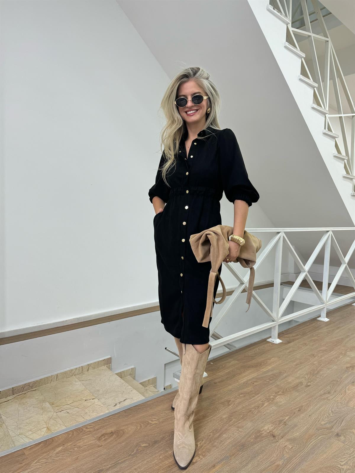 Beli Lastikli Premium Süet Gömlek Elbise - Siyah