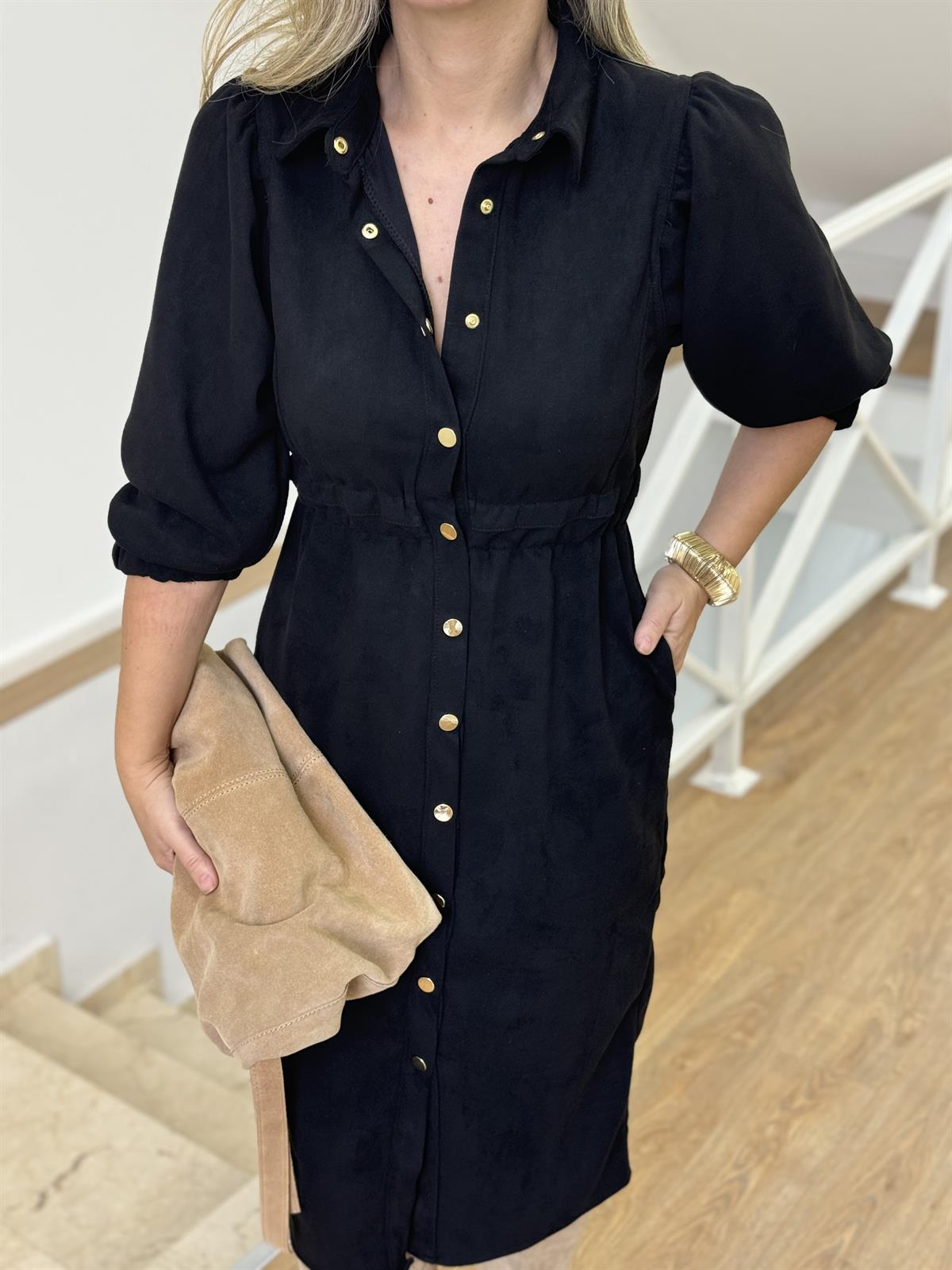 Beli Lastikli Premium Süet Gömlek Elbise - Siyah