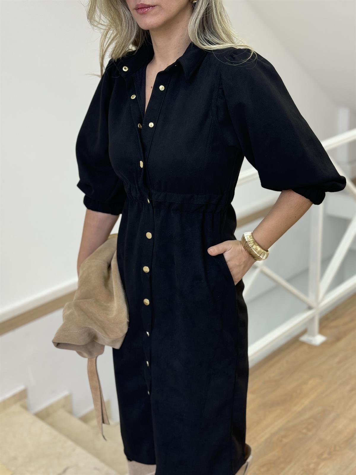 Beli Lastikli Premium Süet Gömlek Elbise - Siyah