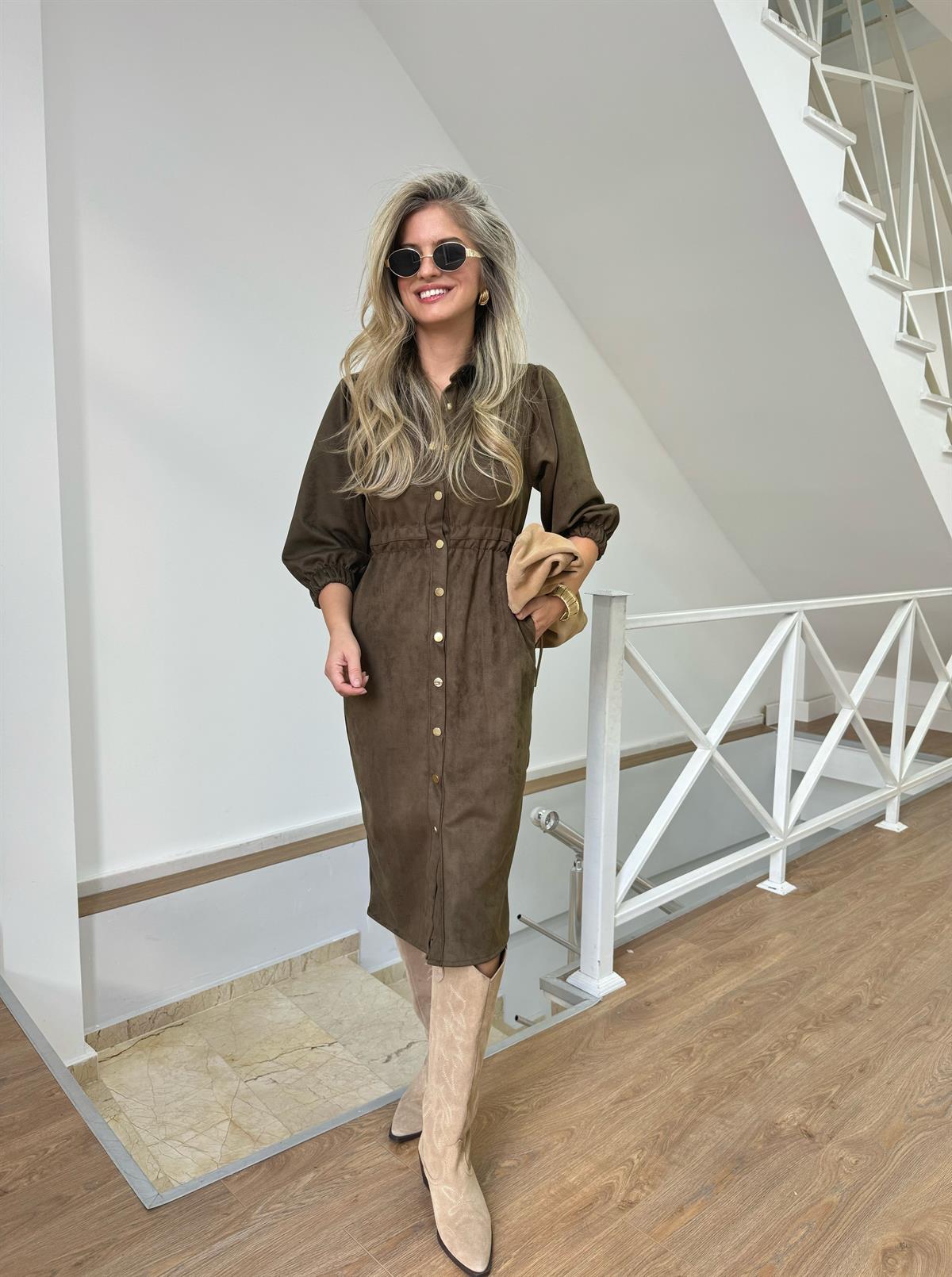 Beli Lastikli Premium Süet Gömlek Elbise-Haki