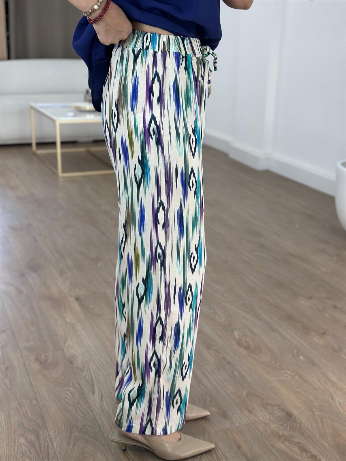 Beli Lastikli Renkli Desenli Tiril Pantolon 