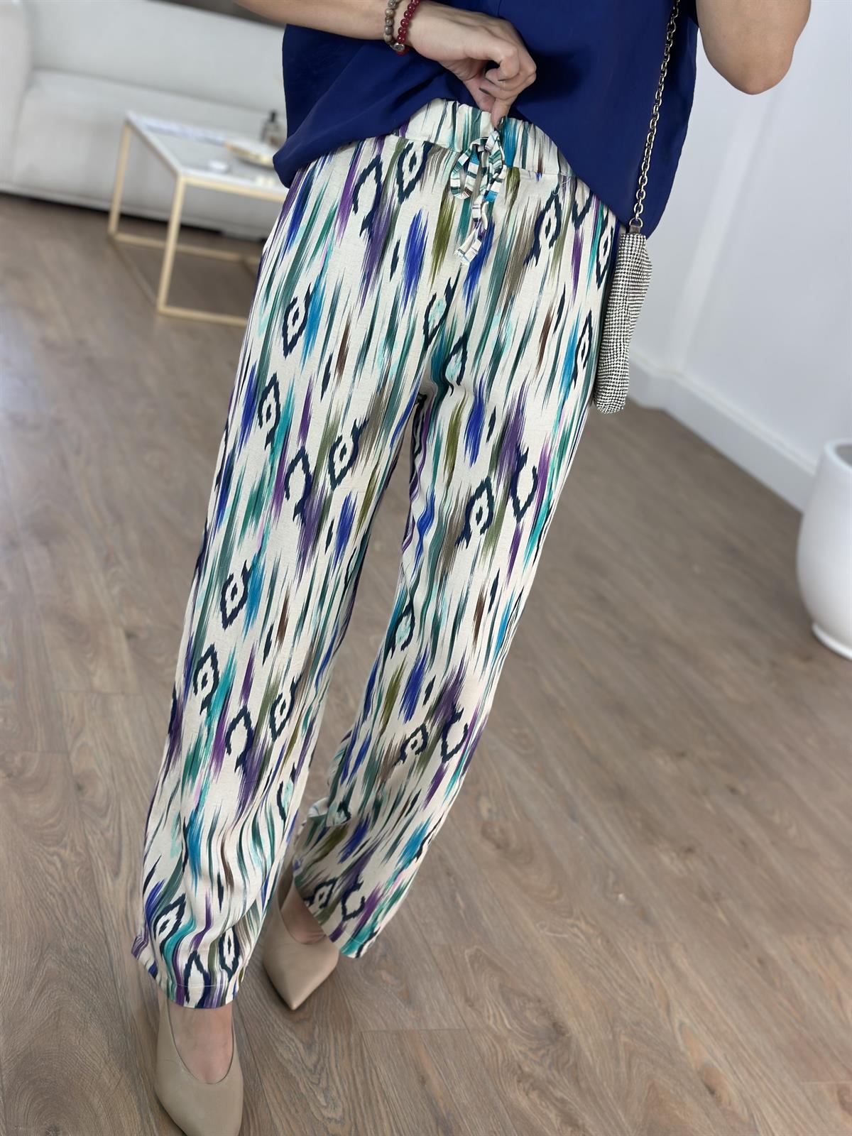 Beli Lastikli Renkli Desenli Tiril Pantolon 