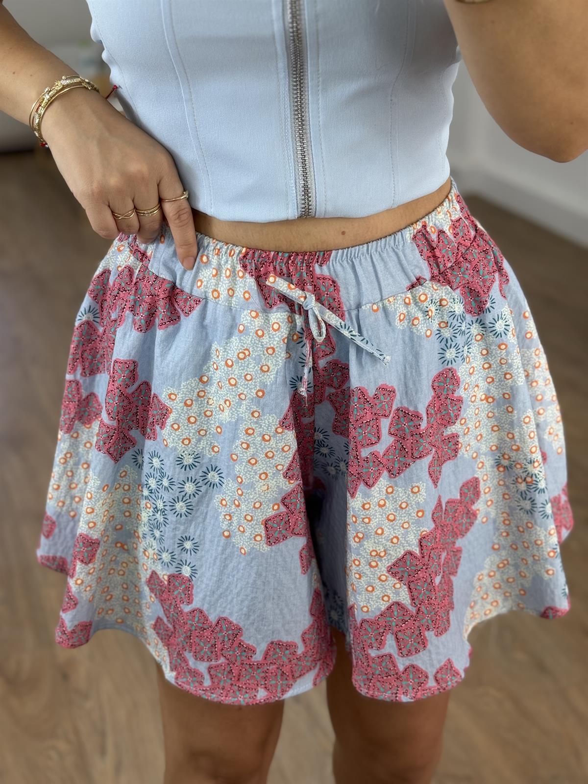 Beli Lastikli Renkli Şort Etek - Mavi