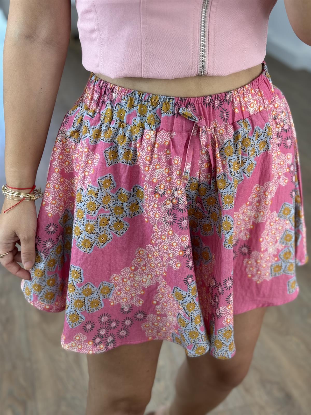 Beli Lastikli Renkli Şort Etek - Pembe