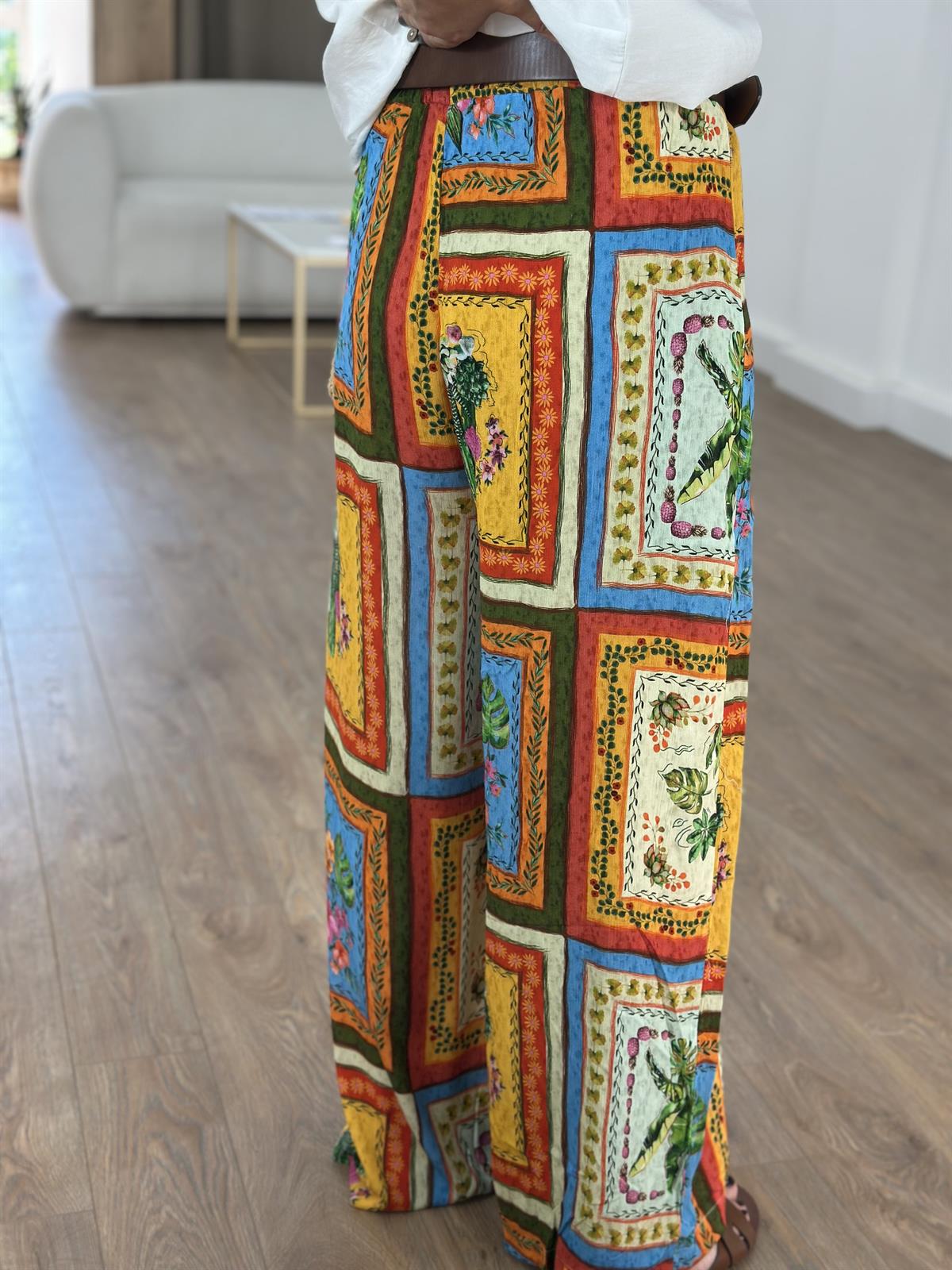 Beli Lastikli Retro Desenli Tiril Pantolon 