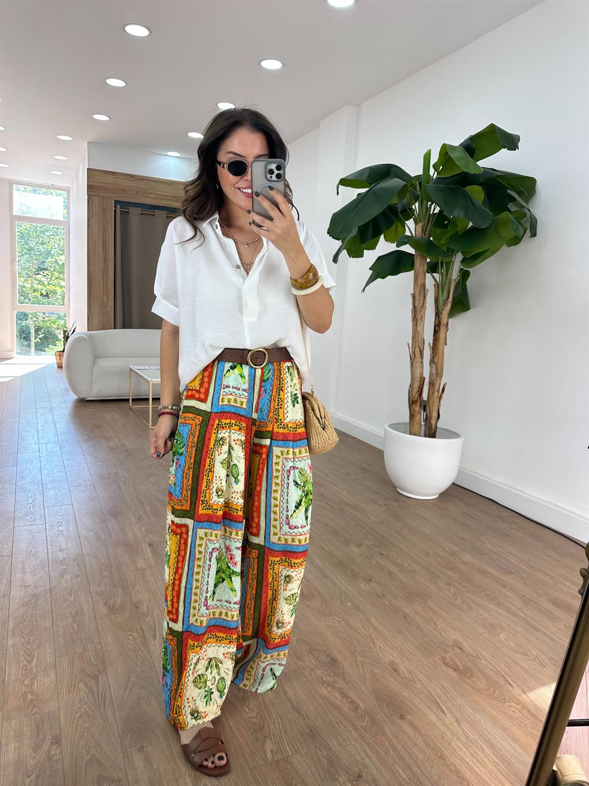 Beli Lastikli Retro Desenli Tiril Pantolon 