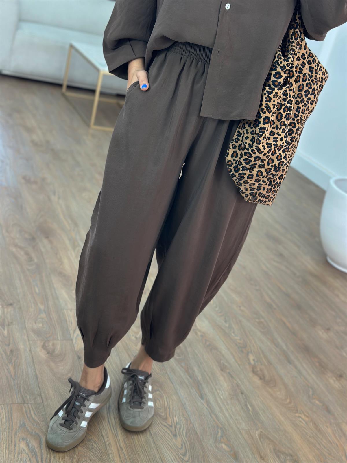 Beli Lastikli Salaş Gömlek Pantolon Takım - Kahverengi