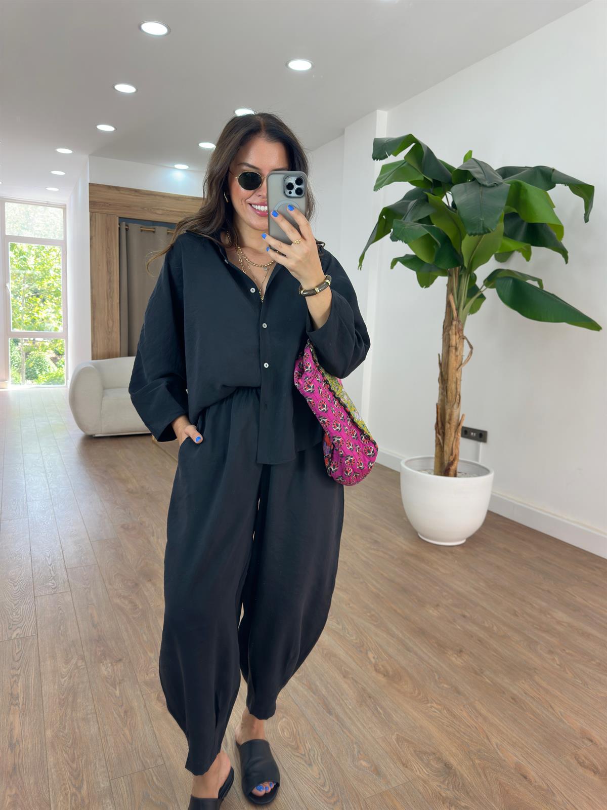 Beli Lastikli Salaş Gömlek Pantolon Takım - Siyah