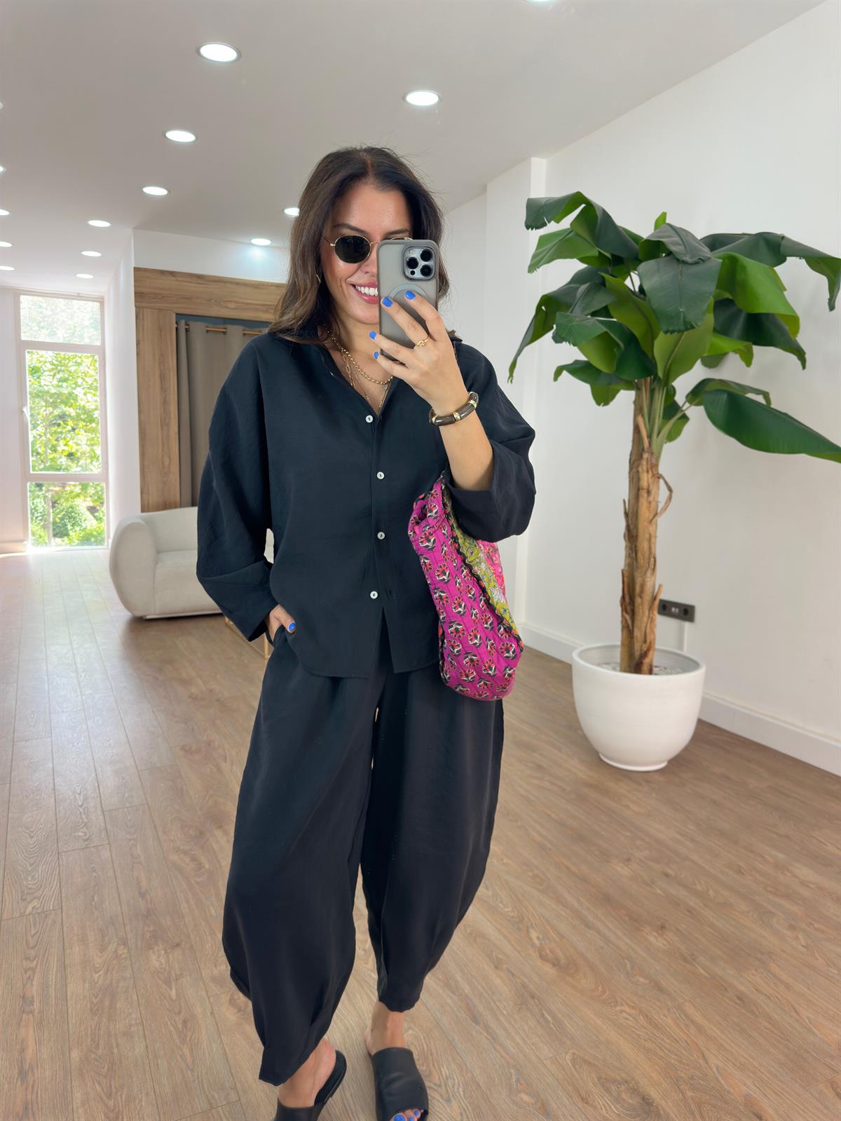 Beli Lastikli Salaş Gömlek Pantolon Takım - Siyah