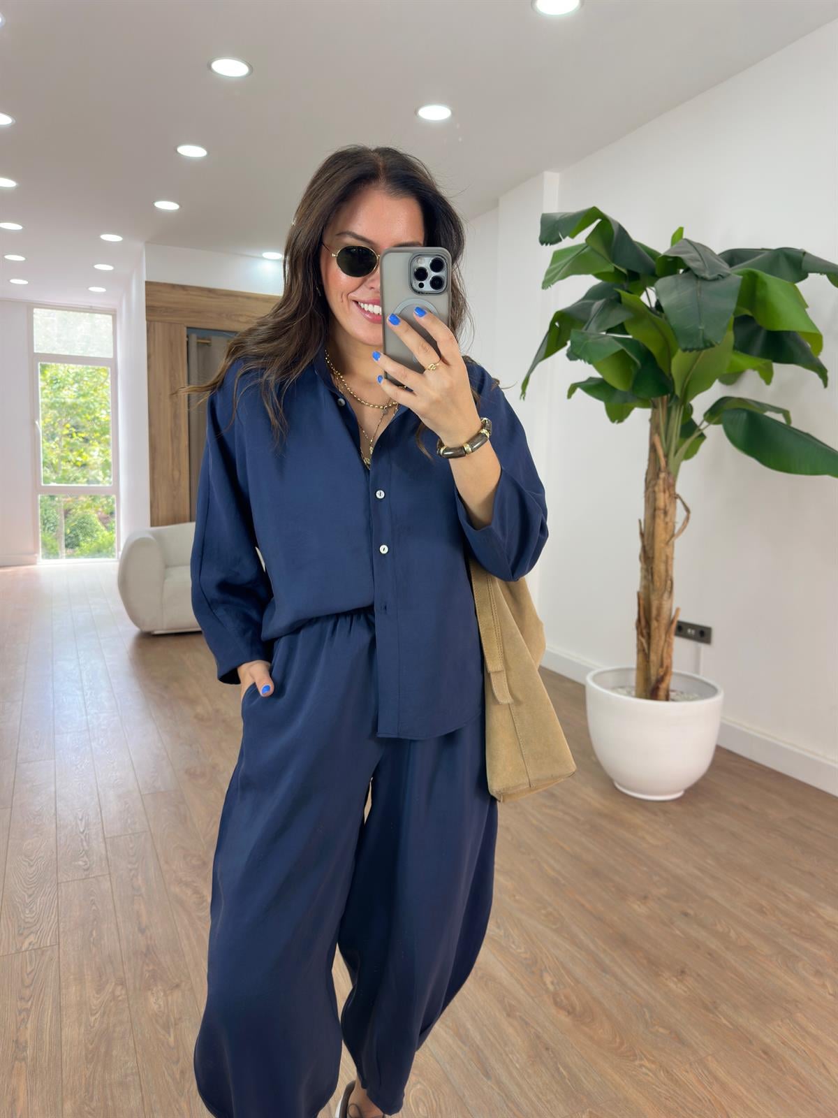 Beli Lastikli Salaş Gömlek Pantolon Takım - Lacivert