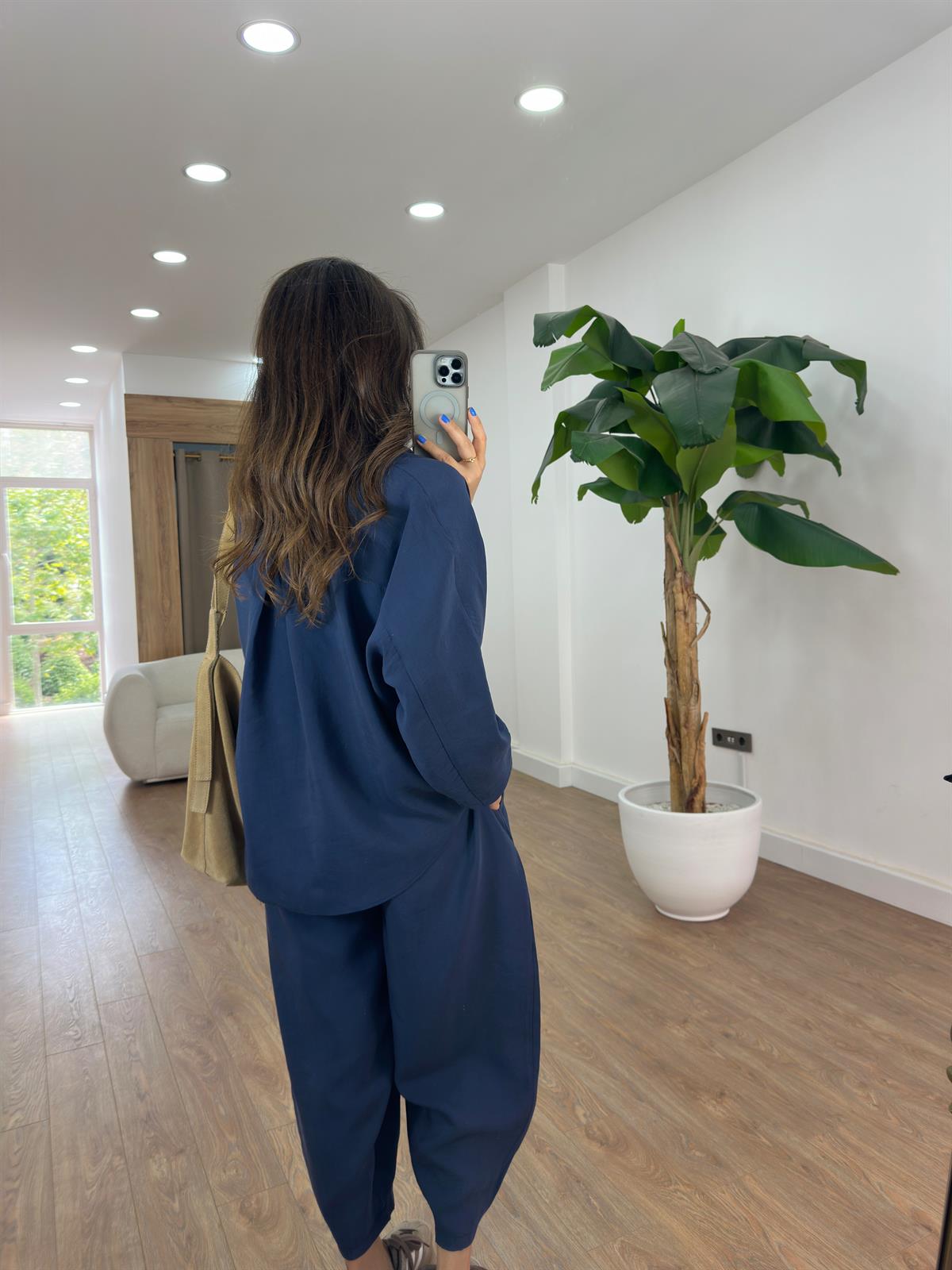 Beli Lastikli Salaş Gömlek Pantolon Takım - Lacivert