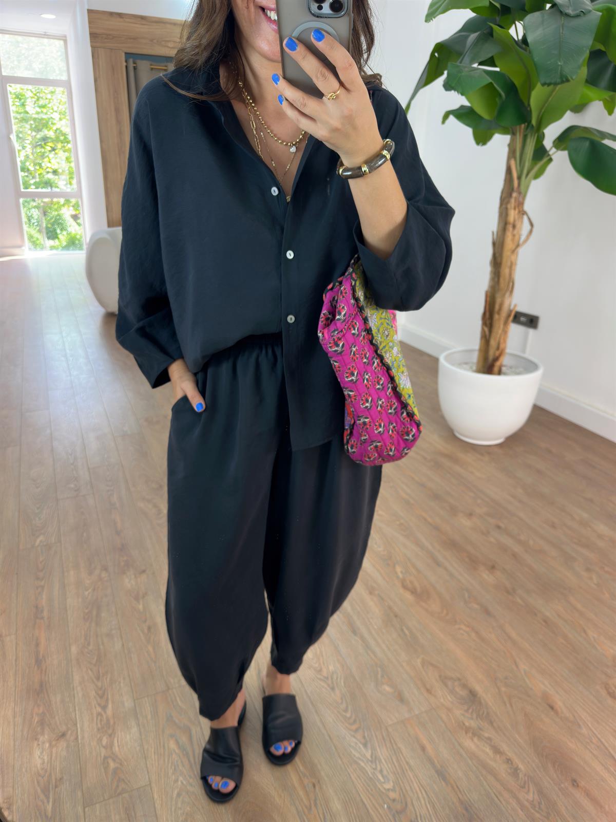 Beli Lastikli Salaş Gömlek Pantolon Takım - Siyah