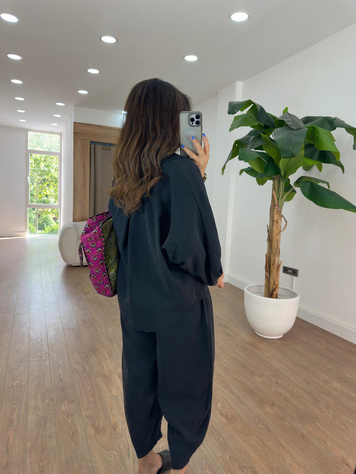 Beli Lastikli Salaş Gömlek Pantolon Takım - Siyah