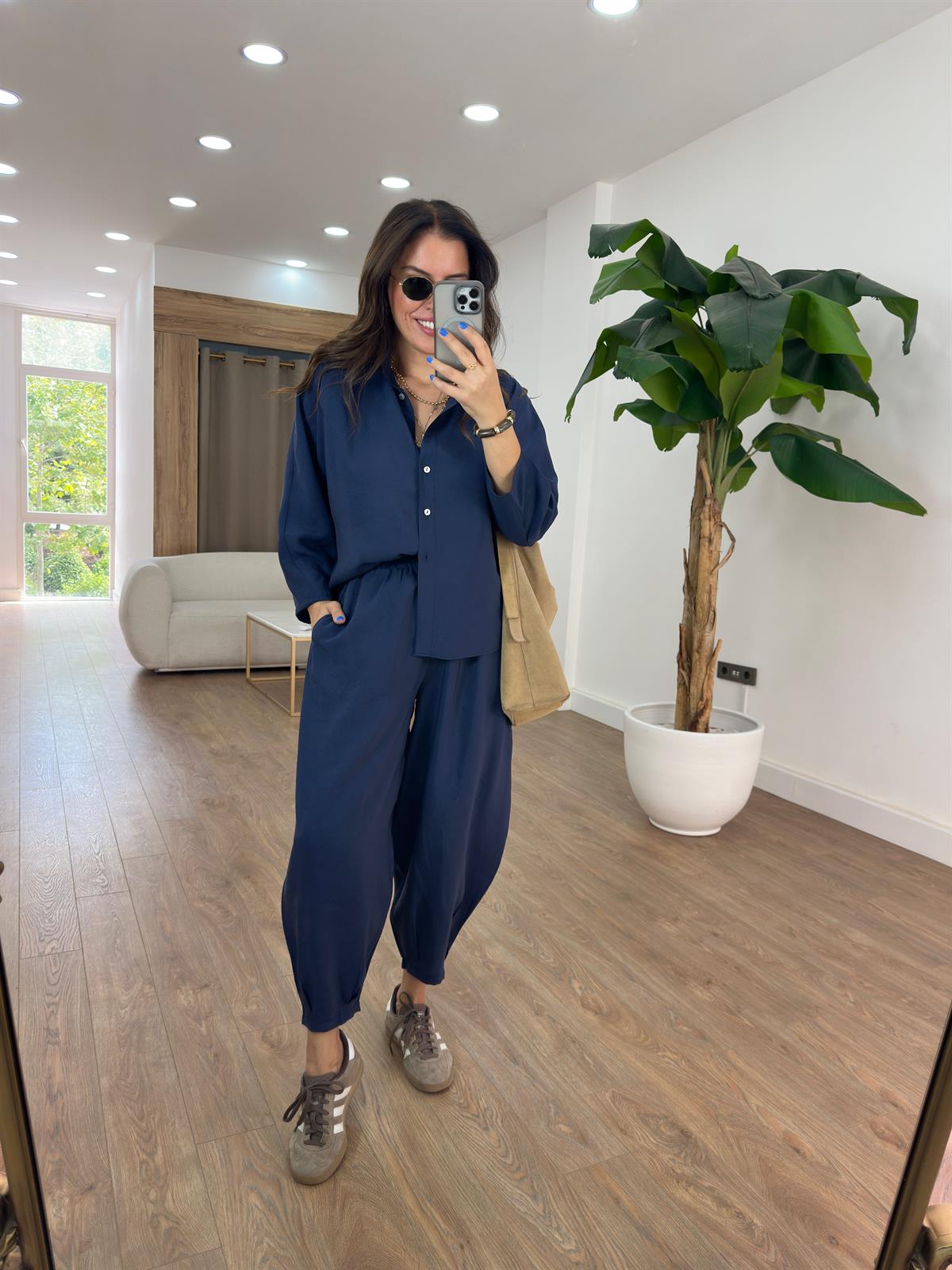 Beli Lastikli Salaş Gömlek Pantolon Takım - Lacivert