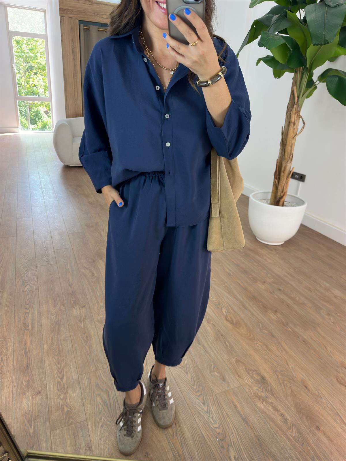 Beli Lastikli Salaş Gömlek Pantolon Takım - Lacivert