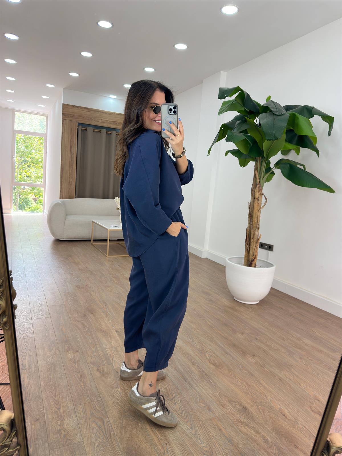 Beli Lastikli Salaş Gömlek Pantolon Takım - Lacivert