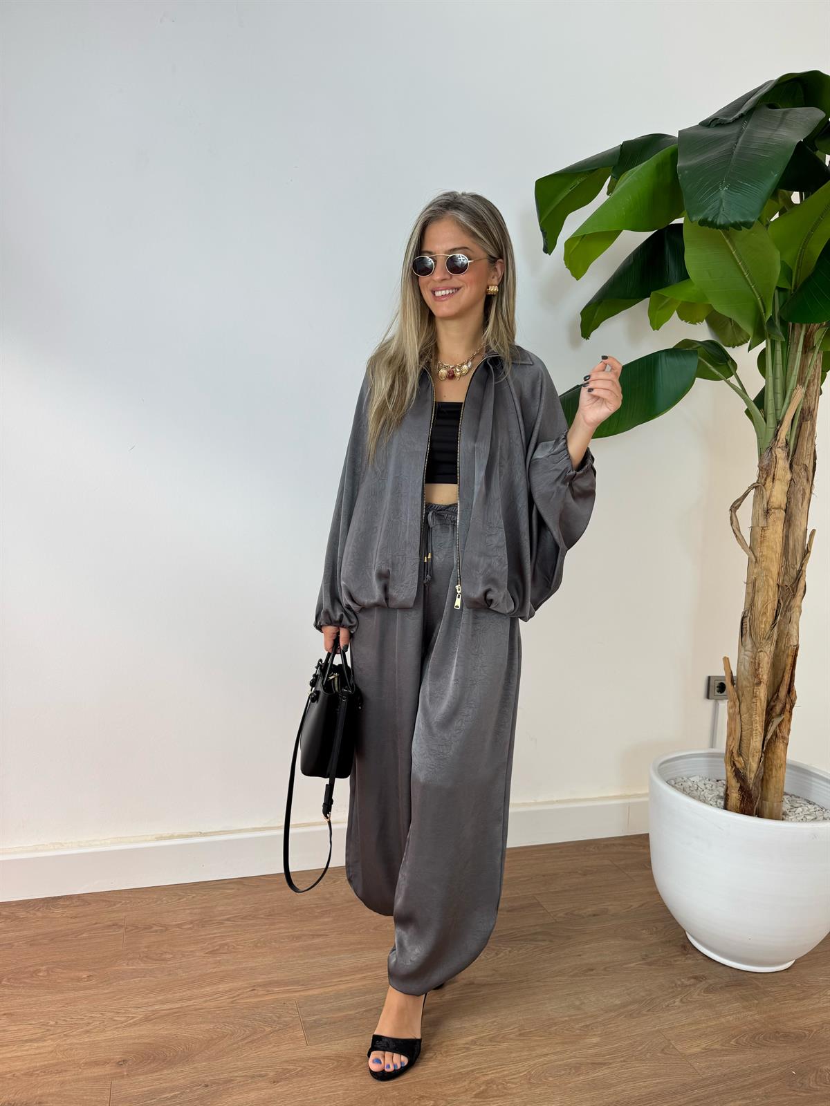 Beli lastikli Saten Şalvar Pantolon - Antrasit