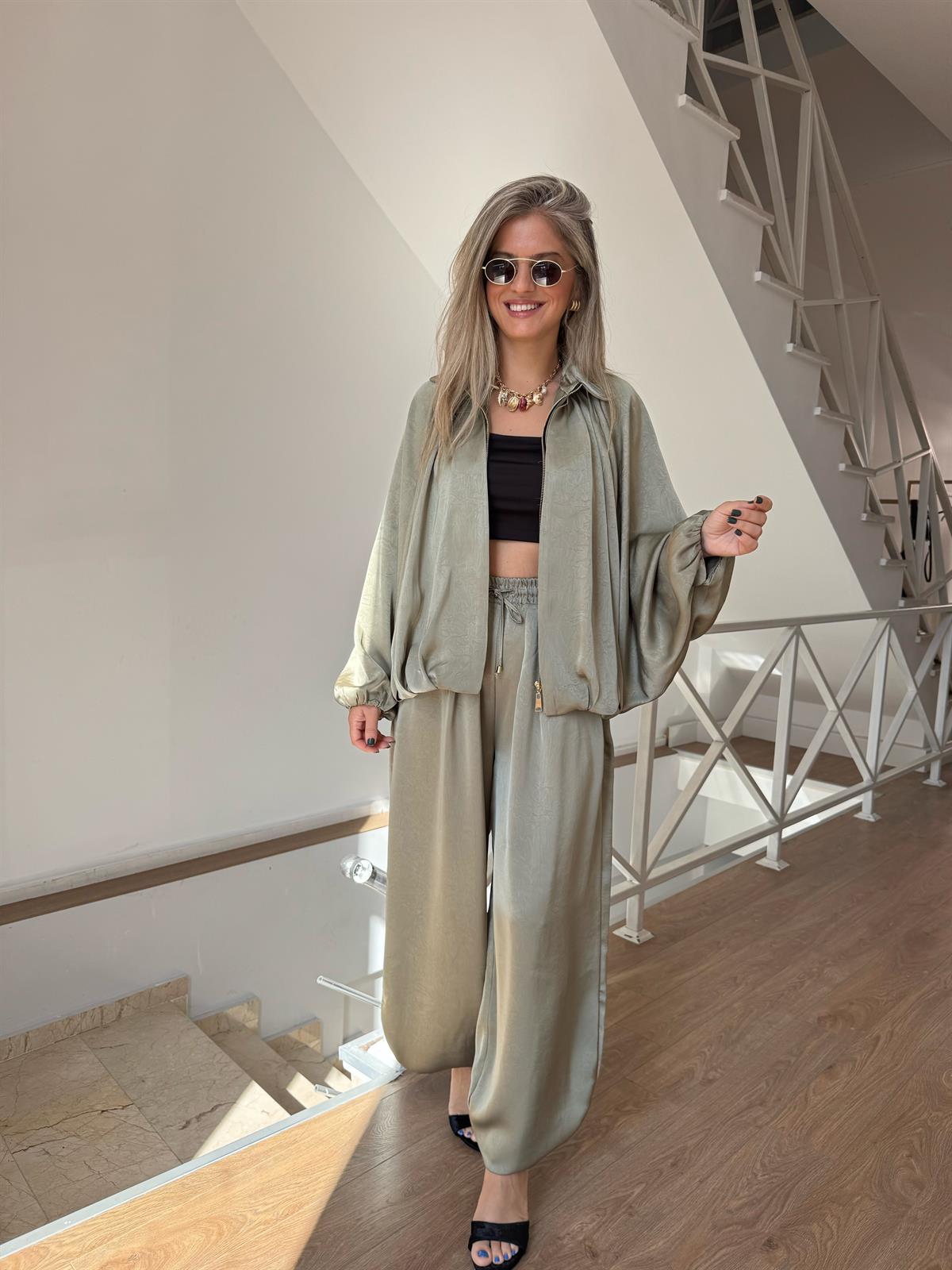 Beli lastikli Saten Şalvar Pantolon - Haki