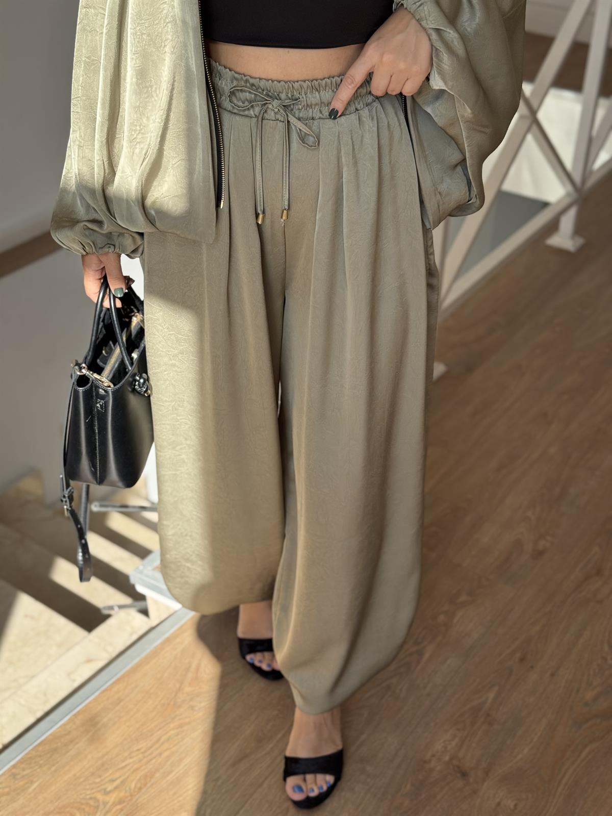 Beli lastikli Saten Şalvar Pantolon - Haki