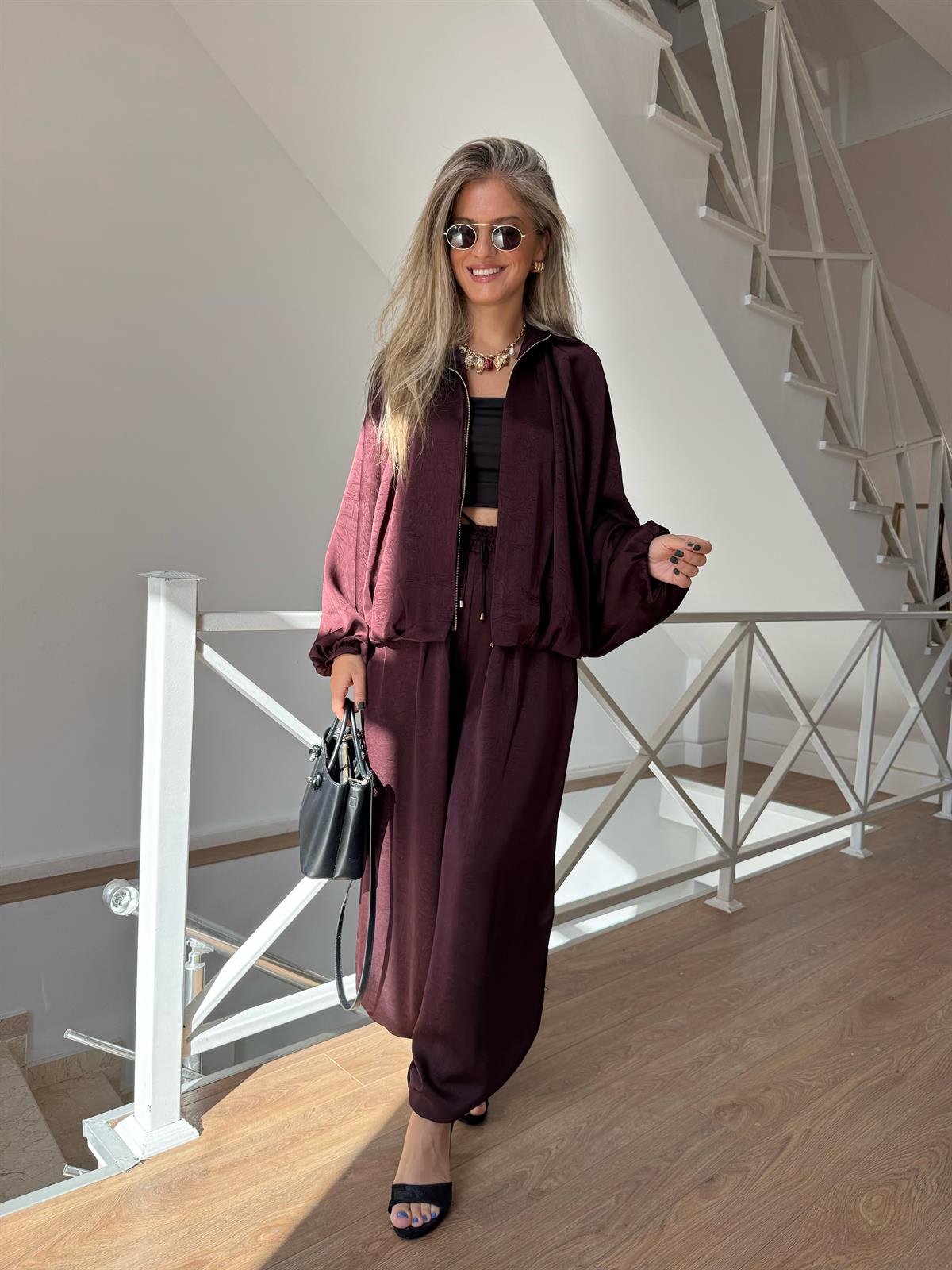 Beli lastikli Saten Şalvar Pantolon - Mürdüm